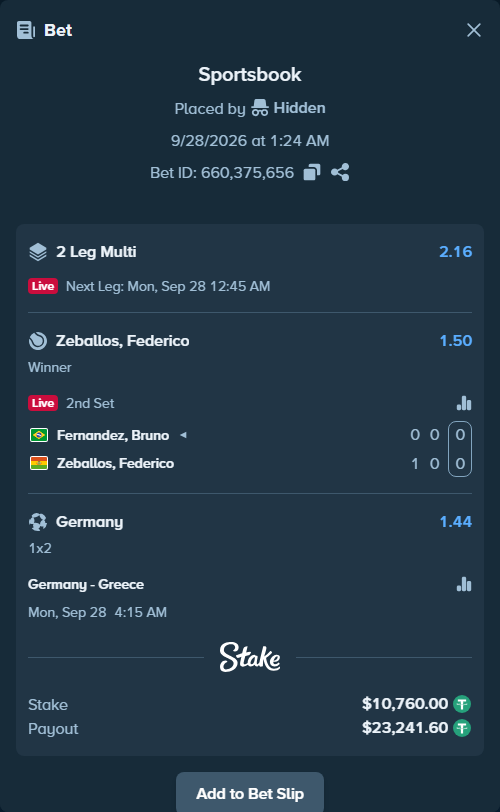 Bet slip: Fernandez, Bruno - Zeballos, Federico, $10,760.00 stake at 1.50 odds, placed by Hidden