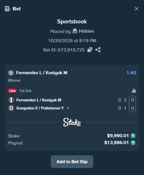 Bet slip: Fernandez L / Kostyuk M - Gorgodze E / Putintseva Y, $10,000.00 stake at 1.40 odds, placed by Mates99