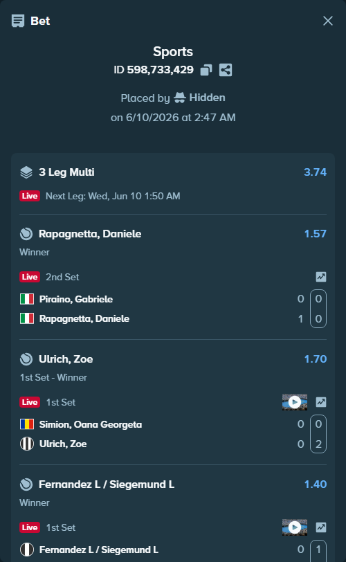 Bet slip: Fernandez L / Siegemund L - Panova A / Schuurs D, $10,000.00 stake at 1.40 odds, placed by Hidden