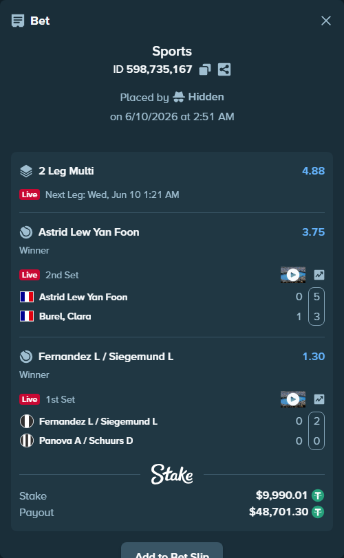 Bet slip: Fernandez L / Siegemund L - Panova A / Schuurs D, $10,000.00 stake at 1.30 odds, placed by Hidden