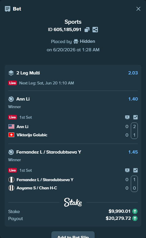 Bet slip: Fernandez L / Starodubtseva Y - Aoyama S / Chan H-C, $10,000.00 stake at 1.45 odds, placed by Hidden