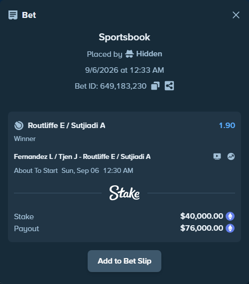 Bet slip: Fernandez L / Tjen J - Routliffe E / Sutjiadi A, $40,459.00 stake at 1.90 odds, placed by Hidden