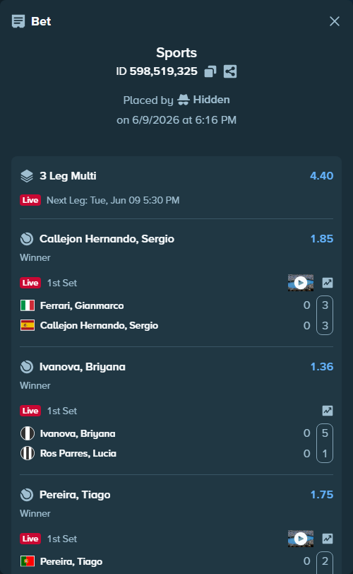 Bet slip: Ferrari, Gianmarco - Callejon Hernando, Sergio, $10,000.00 stake at 1.85 odds, placed by Hidden