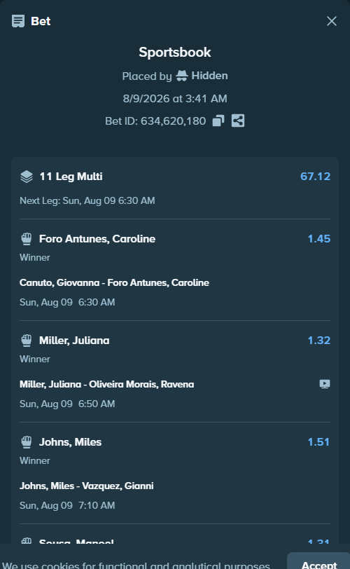 Bet slip: Ferreira, Diego - Quarantillo, Billy, $15,000.00 stake at 1.55 odds, placed by Hidden
