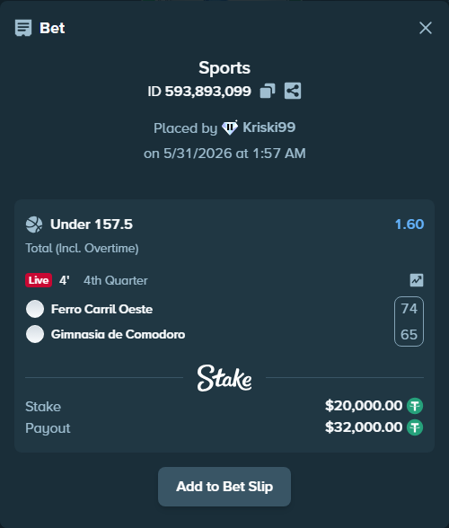 Bet slip: Ferro Carril Oeste - Gimnasia de Comodoro, $20,020.00 stake at 1.60 odds, placed by Kriski99