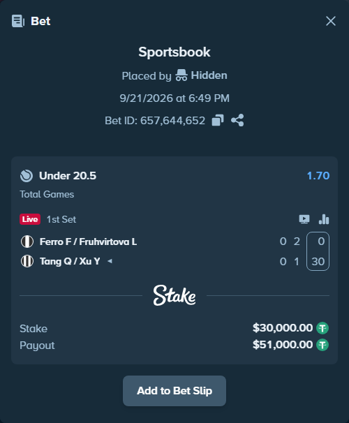Bet slip: Ferro F / Fruhvirtova L - Tang Q / Xu Y, $30,000.00 stake at 1.70 odds, placed by Hidden