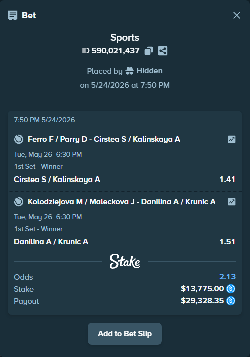 Bet slip: Ferro F / Parry D - Cirstea S / Kalinskaya A, $13,775.00 stake at 1.41 odds, placed by Hidden