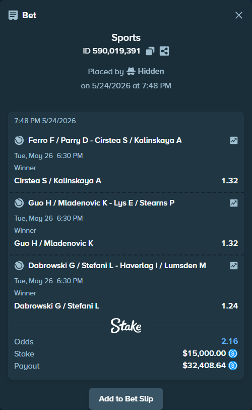 Bet slip: Ferro F / Parry D - Cirstea S / Kalinskaya A, $15,000.00 stake at 1.32 odds, placed by Hidden