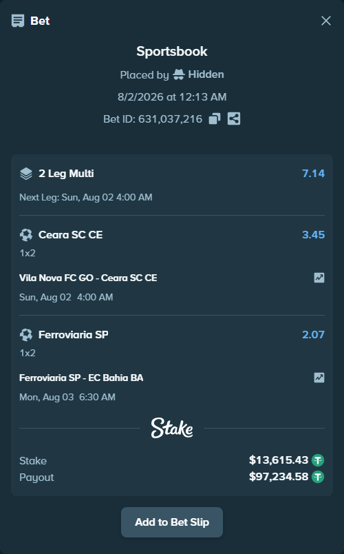 Bet slip: Ferroviaria SP - EC Bahia BA, $13,629.04 stake at 2.07 odds, placed by Hidden