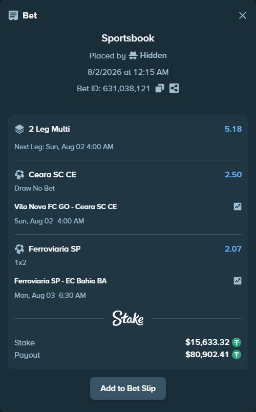 Bet slip: Ferroviaria SP - EC Bahia BA, $15,648.95 stake at 2.07 odds, placed by Hidden