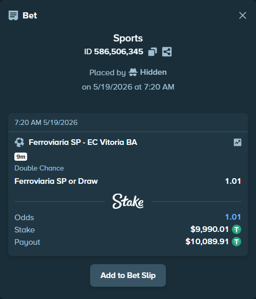 Bet slip: Ferroviaria SP - EC Vitoria BA, $10,000.00 stake at 1.01 odds, placed by Hidden