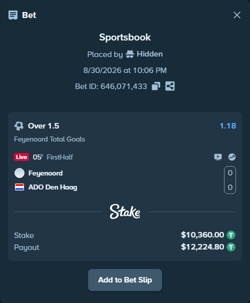 Bet slip: Feyenoord - ADO Den Haag, $10,360.00 stake at 1.18 odds, placed by Hidden