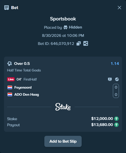 Bet slip: Feyenoord - ADO Den Haag, $12,000.00 stake at 1.14 odds, placed by Hidden