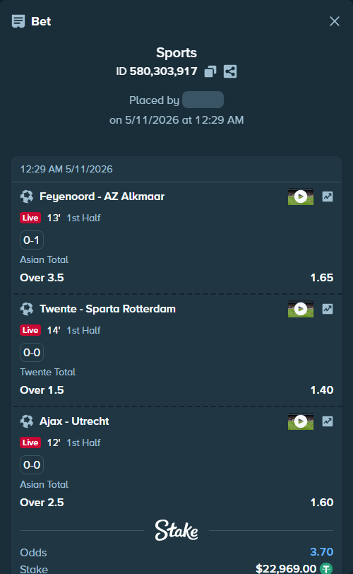 Bet slip: Feyenoord - AZ Alkmaar, $22,969.00 stake at 1.65 odds, placed by Kaidou827
