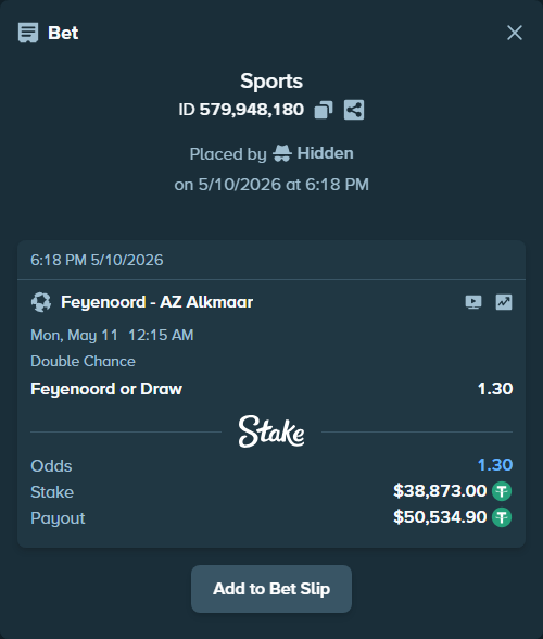 Bet slip: Feyenoord - AZ Alkmaar, $38,873.00 stake at 1.30 odds, placed by Hidden