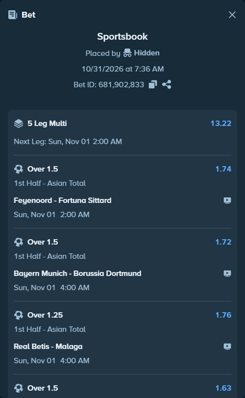 Bet slip: Feyenoord - Fortuna Sittard, $16,016.00 stake at 1.74 odds, placed by Hidden