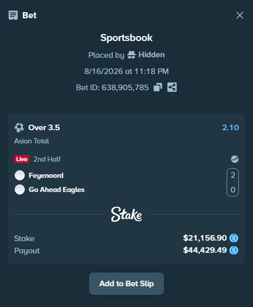 Bet slip: Feyenoord - Go Ahead Eagles, $21,156.90 stake at 2.10 odds, placed by Hidden