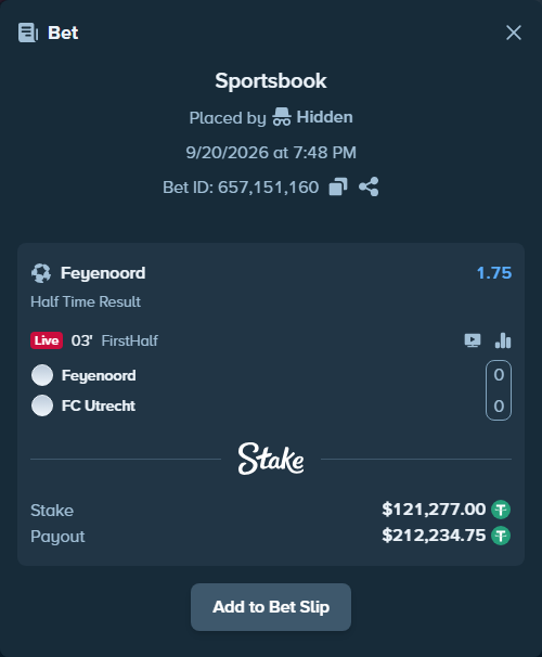Bet slip: Feyenoord - Utrecht, $121,277.00 stake at 1.75 odds, placed by Hidden