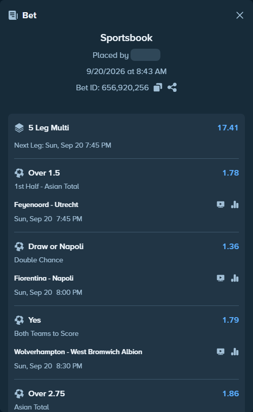 Bet slip: Feyenoord - Utrecht, $15,000.00 stake at 1.78 odds, placed by Fifka777