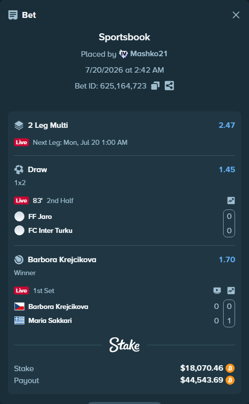 Bet slip: FF Jaro - FC Inter Turku, $18,016.65 stake at 1.45 odds, placed by Mashko21