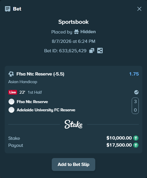 Bet slip: Ffsa Ntc Reserve - Adelaide University FC Reserve, $10,010.00 stake at 1.75 odds, placed by Hidden