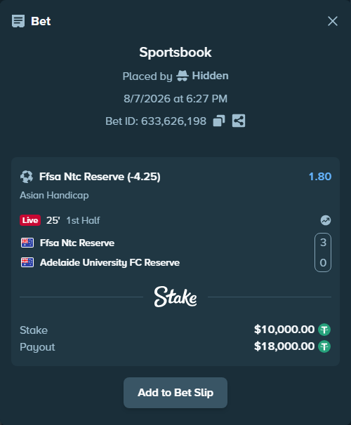 Bet slip: Ffsa Ntc Reserve - Adelaide University FC Reserve, $10,010.00 stake at 1.80 odds, placed by Hidden