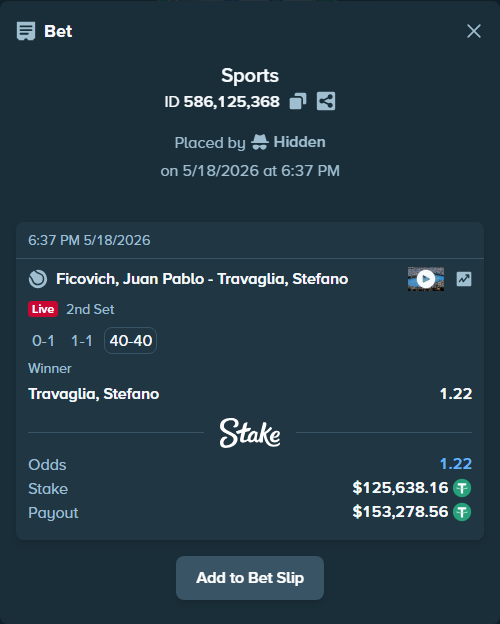 Bet slip: Ficovich, Juan Pablo - Travaglia, Stefano, $125,638.16 stake at 1.22 odds, placed by Hidden