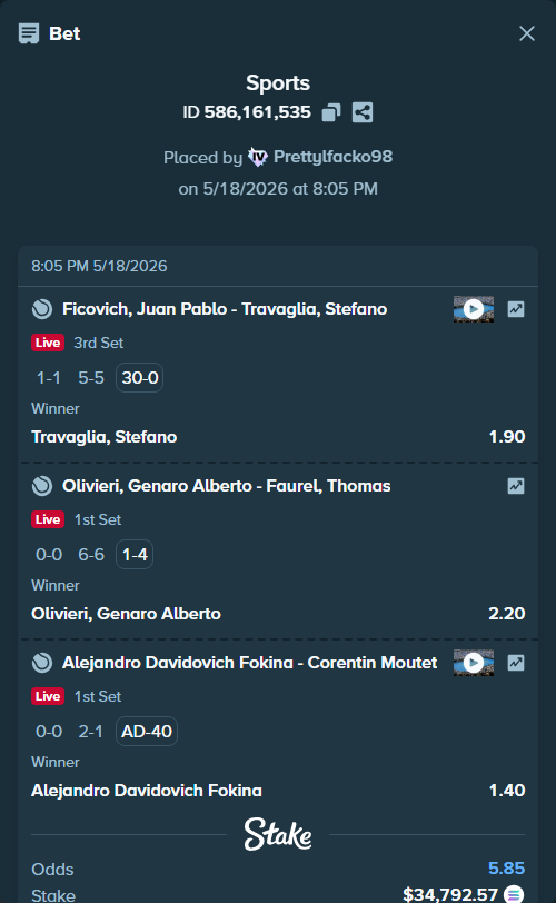 Bet slip: Ficovich, Juan Pablo - Travaglia, Stefano, $30,197.67 stake at 1.90 odds, placed by Prettylfacko98