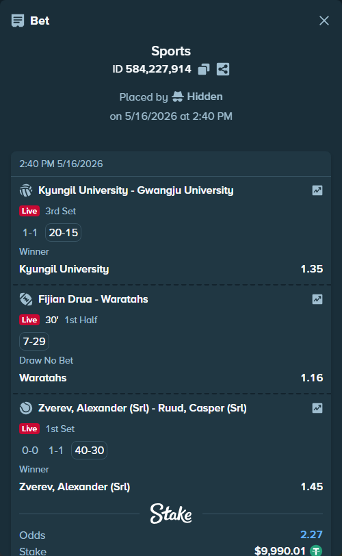 Bet slip: Fijian Drua - Waratahs, $10,000.00 stake at 1.16 odds, placed by Hidden