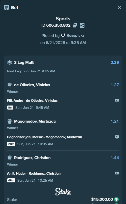 Bet slip: Fili, Andre - De Oliveira Prestes De Matos, Vinicius, $15,015.00 stake at 1.37 odds, placed by Rosspicks