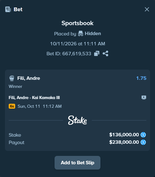 Bet slip: Fili, Andre - Kai Kamaka III, $136,000.00 stake at 1.75 odds, placed by Hidden