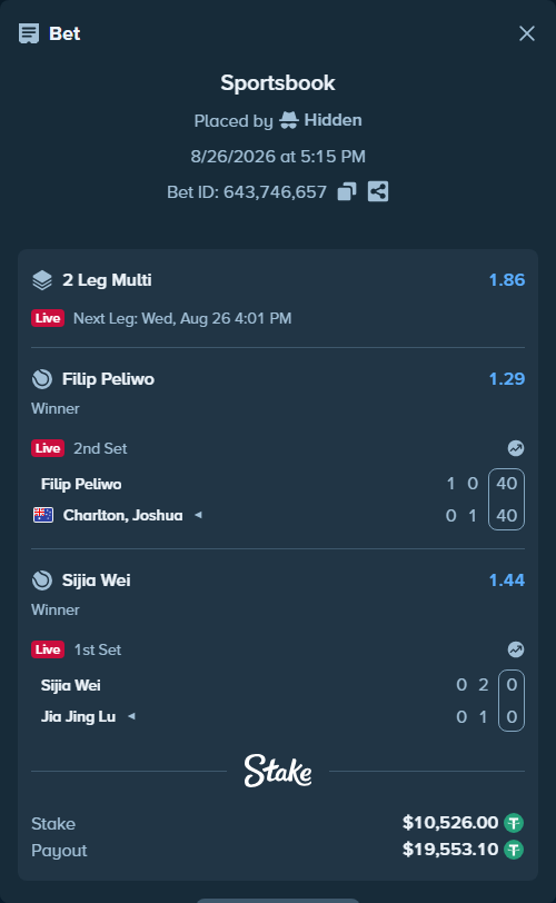Bet slip: Filip Peliwo - Charlton, Joshua, $10,526.00 stake at 1.29 odds, placed by Hidden