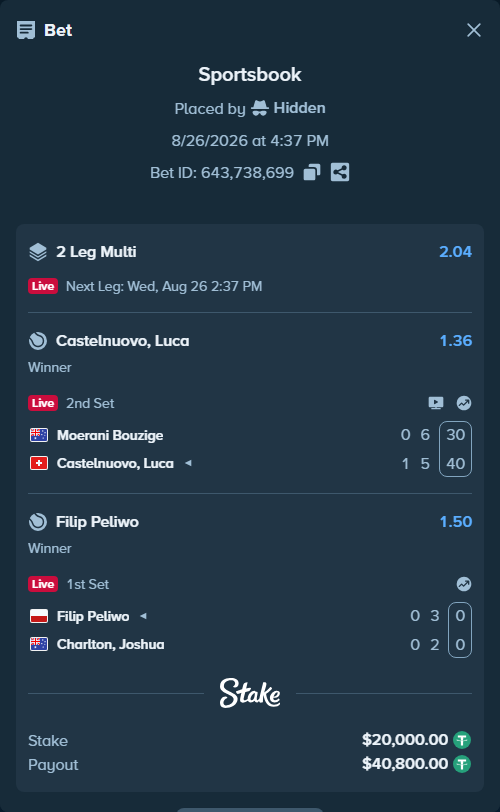 Bet slip: Filip Peliwo - Charlton, Joshua, $20,000.00 stake at 1.50 odds, placed by Hidden