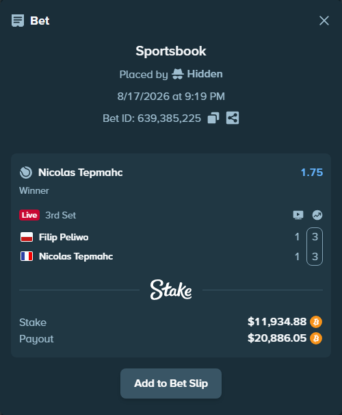 Bet slip: Filip Peliwo - Tepmahc, Nicolas, $11,912.33 stake at 1.75 odds, placed by Hidden