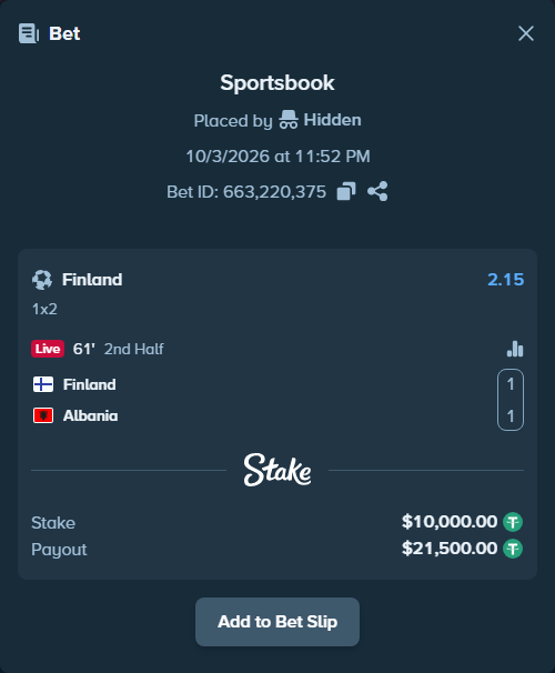 Bet slip: Finland - Albania, $10,000.00 stake at 2.15 odds, placed by Pierob76