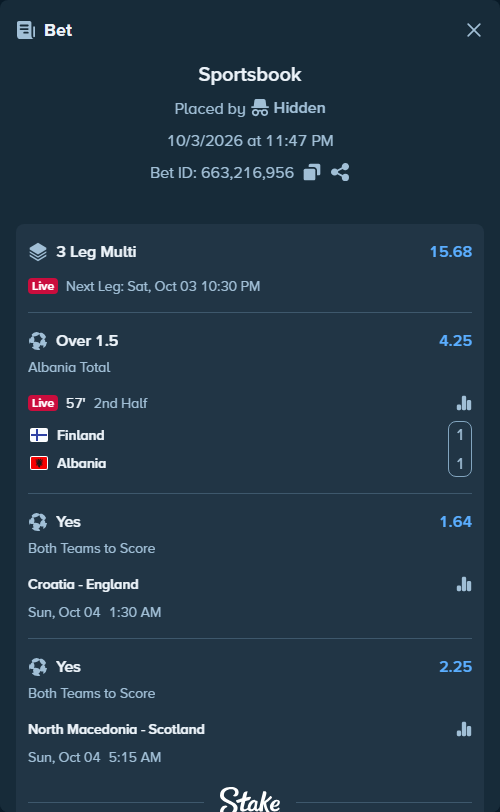 Bet slip: Finland - Albania, $100,000.00 stake at 4.25 odds, placed by Hidden