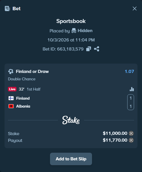 Bet slip: Finland - Albania, $11,055.05 stake at 1.07 odds, placed by Hidden