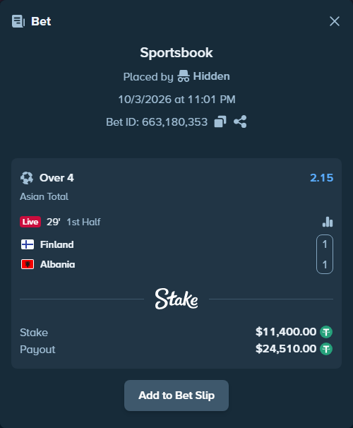 Bet slip: Finland - Albania, $11,400.00 stake at 2.15 odds, placed by Hidden