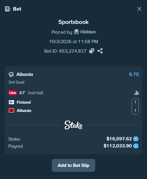 Bet slip: Finland - Albania, $16,597.62 stake at 6.75 odds, placed by Hidden