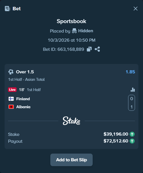 Bet slip: Finland - Albania, $39,196.00 stake at 1.85 odds, placed by Hidden