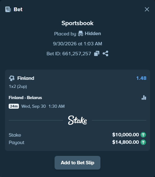 Bet slip: Finland - Belarus, $10,000.00 stake at 1.48 odds, placed by DMNTE96