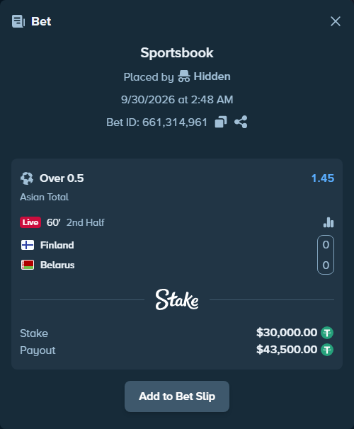 Bet slip: Finland - Belarus, $30,000.00 stake at 1.45 odds, placed by Hidden