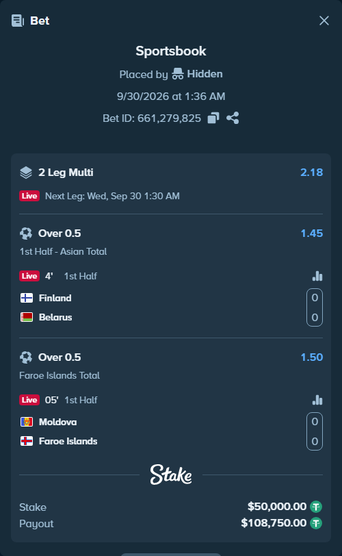Bet slip: Finland - Belarus, $50,000.00 stake at 1.45 odds, placed by Hidden