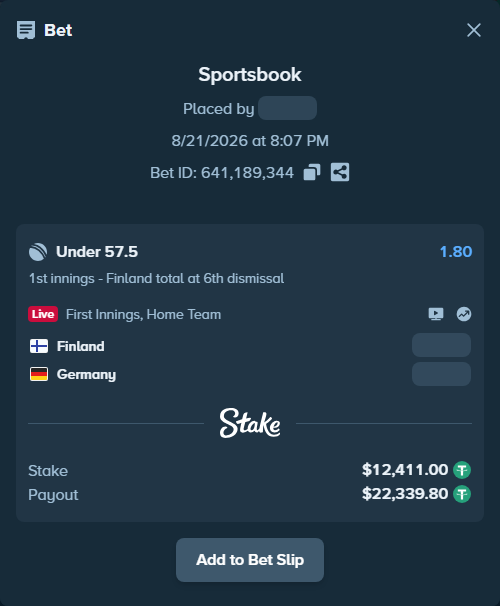 Bet slip: Finland - Germany, $12,411.00 stake at 1.80 odds, placed by Munni12300