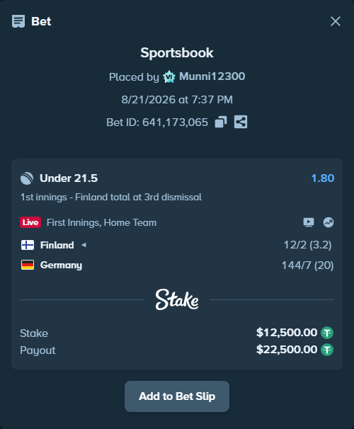 Bet slip: Finland - Germany, $12,500.00 stake at 1.80 odds, placed by Munni12300