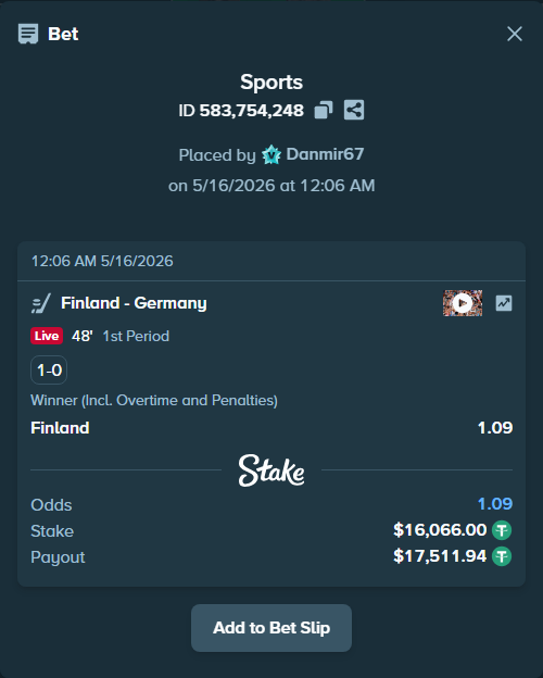 Bet slip: Finland - Germany, $16,082.07 stake at 1.09 odds, placed by Danmir67