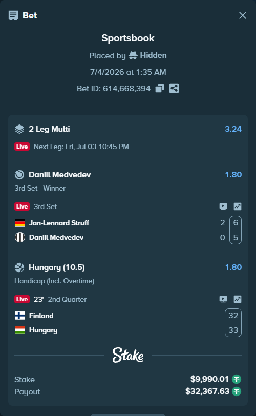 Bet slip: Finland - Hungary, $10,000.00 stake at 1.80 odds, placed by Hidden
