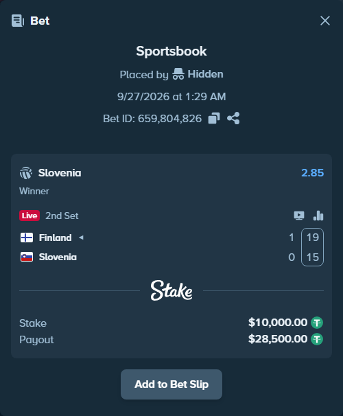 Bet slip: Finland - Slovenia, $10,000.00 stake at 2.85 odds, placed by Hidden