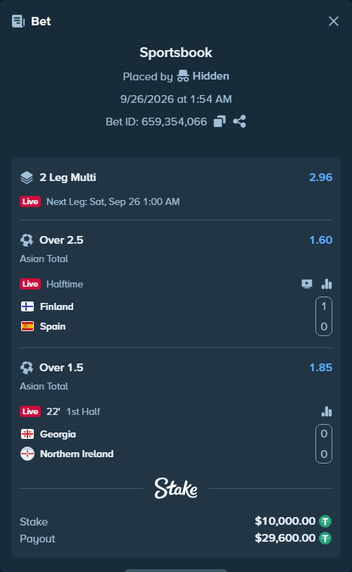 Bet slip: Finland - Spain, $10,000.00 stake at 1.60 odds, placed by tlwns4736