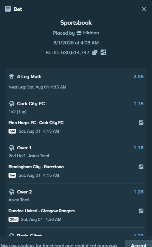Bet slip: Finn Harps FC - Cork City FC, $17,038.55 stake at 1.15 odds, placed by LATERAL007